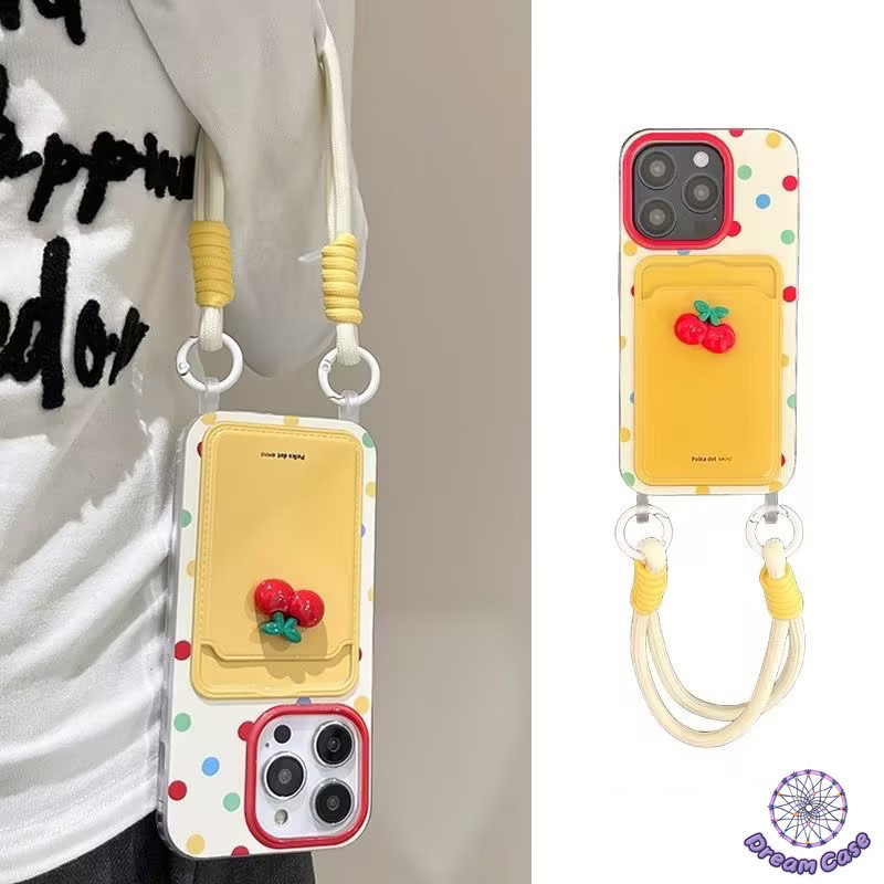 แคนดี้การ์ตูน3มิติสีแดงเชอร์รี่ชใส่บัตรพร้อมสายคล้อง เคส IPhone 11 14 7Plus 15 13 12 Pro Max XR XS X Max 14 7 8 15 Plus