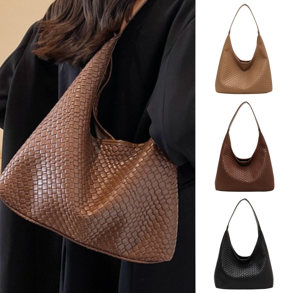 2024 ใหม่ขนาดใหญ่-ความจุทอ Tote กระเป๋าผู้หญิง Niche Design Retro กระเป๋าสะพาย All-Match สีทึบทอกระเป๋าถือรูปแบบออกแบบ Casual Underarm Bag