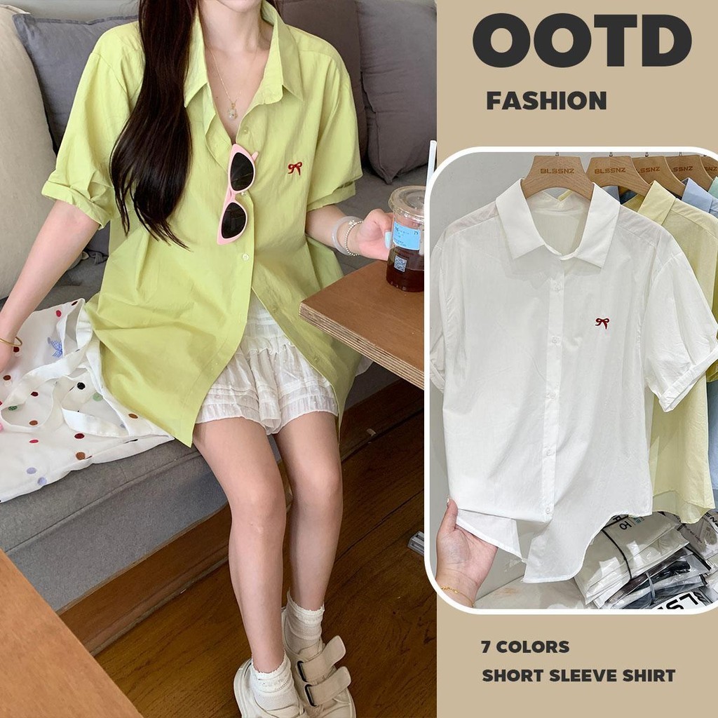 mimi&didi#เสื้อลำลองผู้หญิง เสื้อเชิ้ตแขนสั้นปักโบว์ สไตล์หวาน สีน่ารัก แฟชั่น ความยาวกลาง สไตล์เกาหลี 7 สี#W433