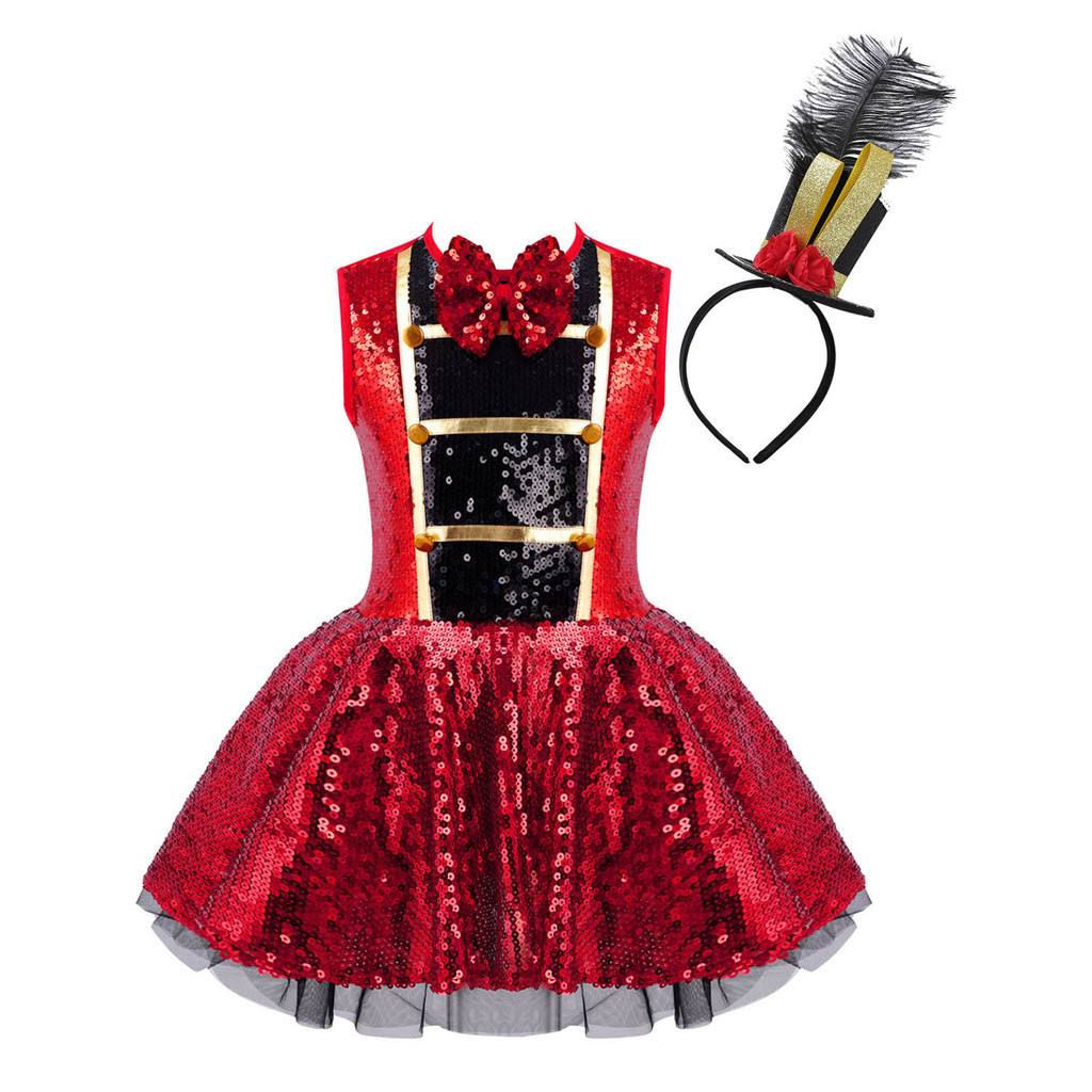 เด็กสาวฮาโลวีน Carnival Circus Ringmaster คอสเพลย์ชุดแขนกุดเลื่อมเงา Leotard Tutu เต้นรําละติน Rumba Samba Stage Performance เครื่องแต่งกาย