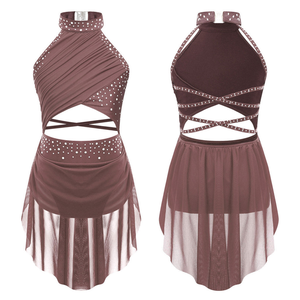 Yhong เด็กผู้หญิง Hollow Back Ballet Leotard พร้อมกระโปรงแขนกุดชุดเต้นรํา