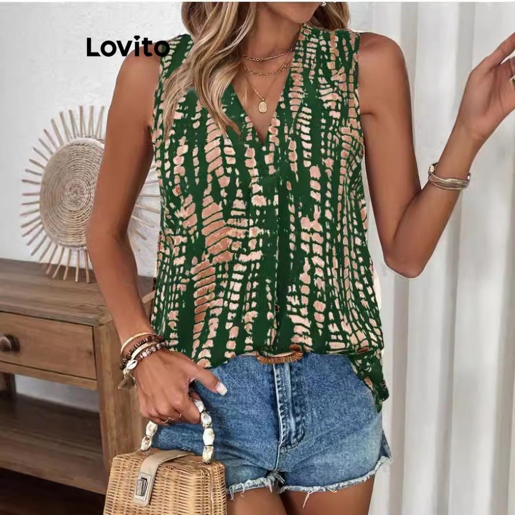 Lovito เสื้อกล้ามจีบเขตร้อนแบบสบาย ๆ สำหรับผู้หญิง LNL74350