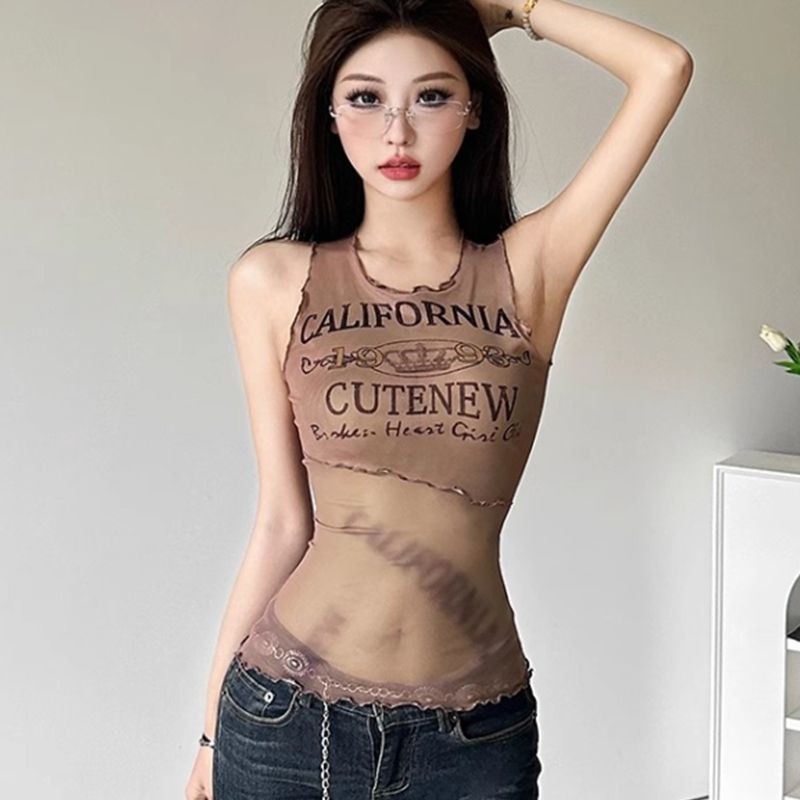 อเมริกันผ้ากอซ Agaric Edge Letter Camisole ผู้หญิงฤดูร้อนสไตล์ใหม่ Slim-fit Slimmer ดูสั้น Bottoming สาวร้อน Top