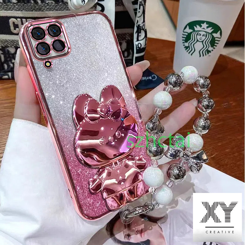 เคสโทรศัพท์ Samsung A12 M12 A22 4G a22 5G M22 กระต่ายน่ารักวงเล็บกระจกหรูหรานุ่มกันกระแทกฝาหลังพร้อมสร้อยข้อมือเชือกแขวน เคส Samsung A12 M12 A22 4G a22 5G M22