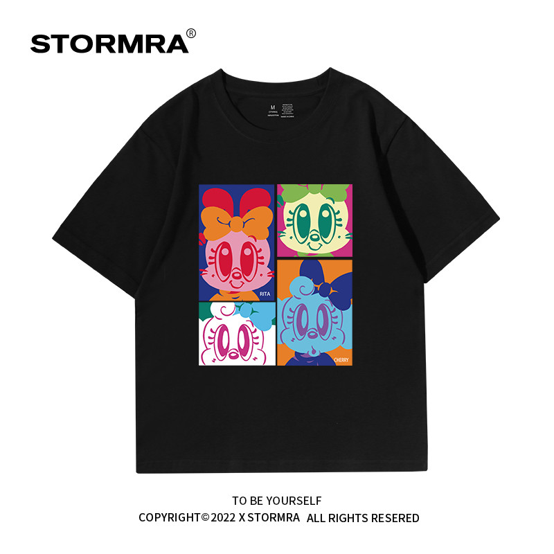 [พร้อมส่ง]vibe Hong Kong style chic retro cartoon black shor S-5XL y2k รัดรูป ธรรมดา oversize สีดำ