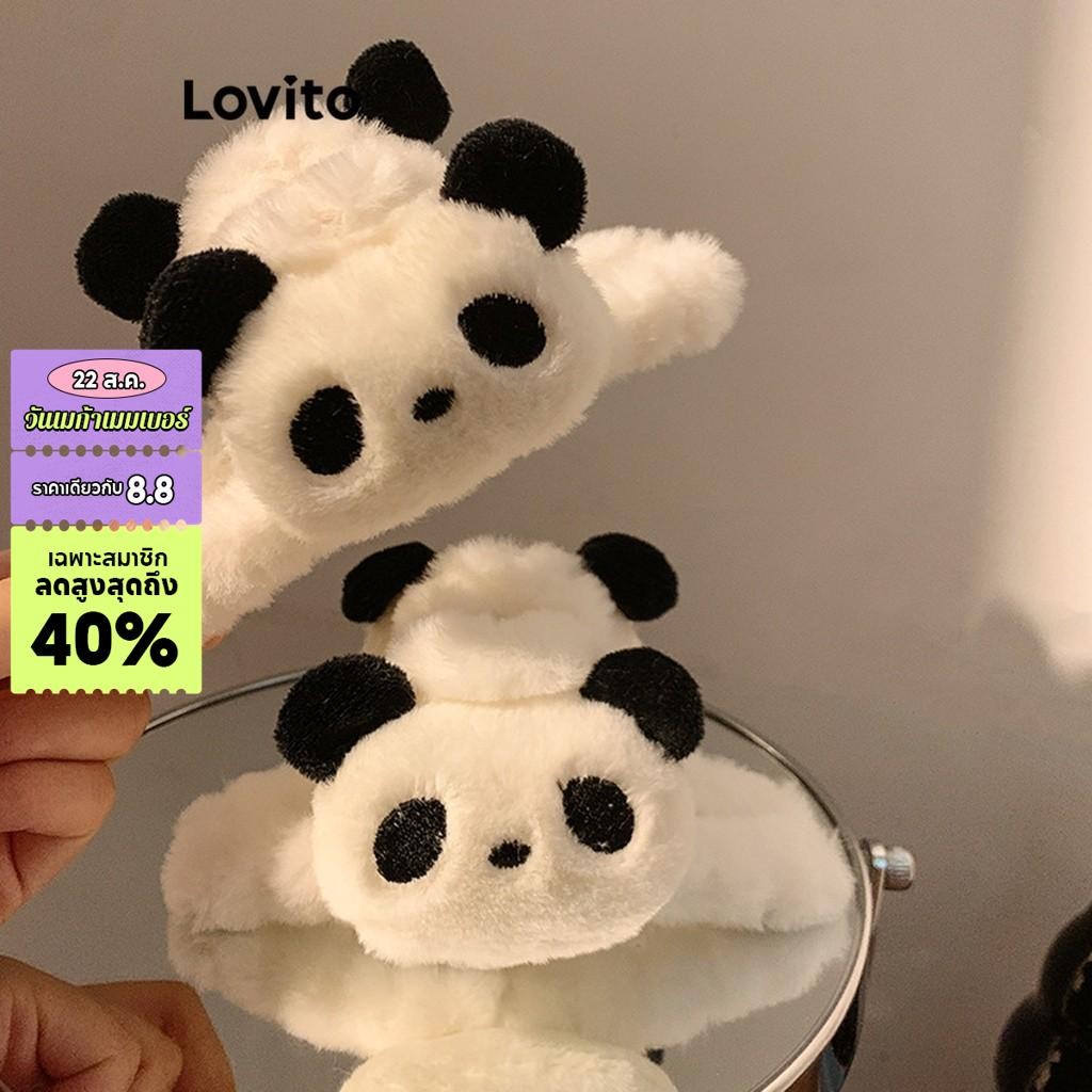 Lovito คลิปหนีบผมผู้หญิง แต่งขนนิ่ม ลายการ์ตูนแพนด้า สไตล์น่ารัก LFA09696