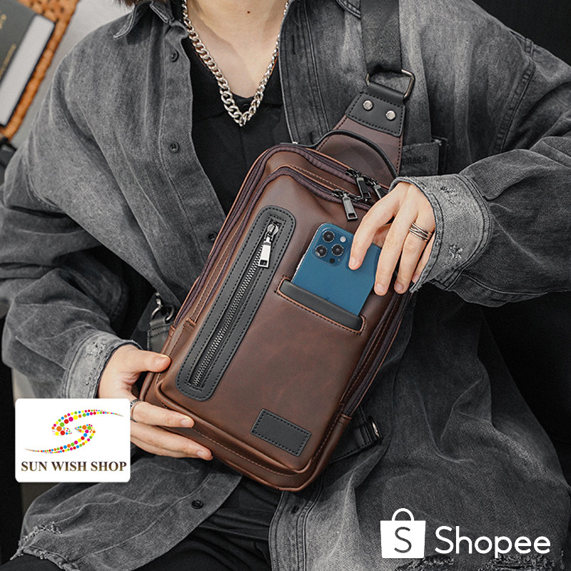 🌞SUNWISH🌞 SWS-1002 สีน้ำตาลเข้มทนต่อการขัดถูหนาหนังผู้ชายหน้าอกกระเป๋าคาดเอวความจุขนาดใหญ่