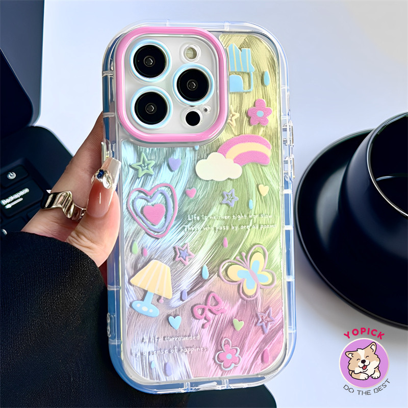 สําหรับiphone 11 12 13Pro Max 14Plus 15 16 XR XS Max 7 8Plus SE2020 เคสโทรศัพท์IPhone 16ProMaxน่ารักการ์ตูนสายรุ้งBlunt Featherผีเสื้อเคสโทรศัพท์ซิลิโคนสาวเพื่อนNYS
