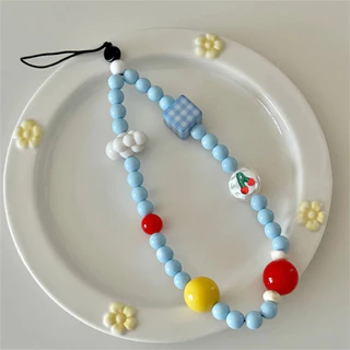 น่ารัก Blue Clouds Cherry Beaded โทรศัพท์ Charm สายคล้องจี้สําหรับ iPhone Samsung Accessrioes โซ่หวาน Lanyard ผู้หญิงแขวนเชือก