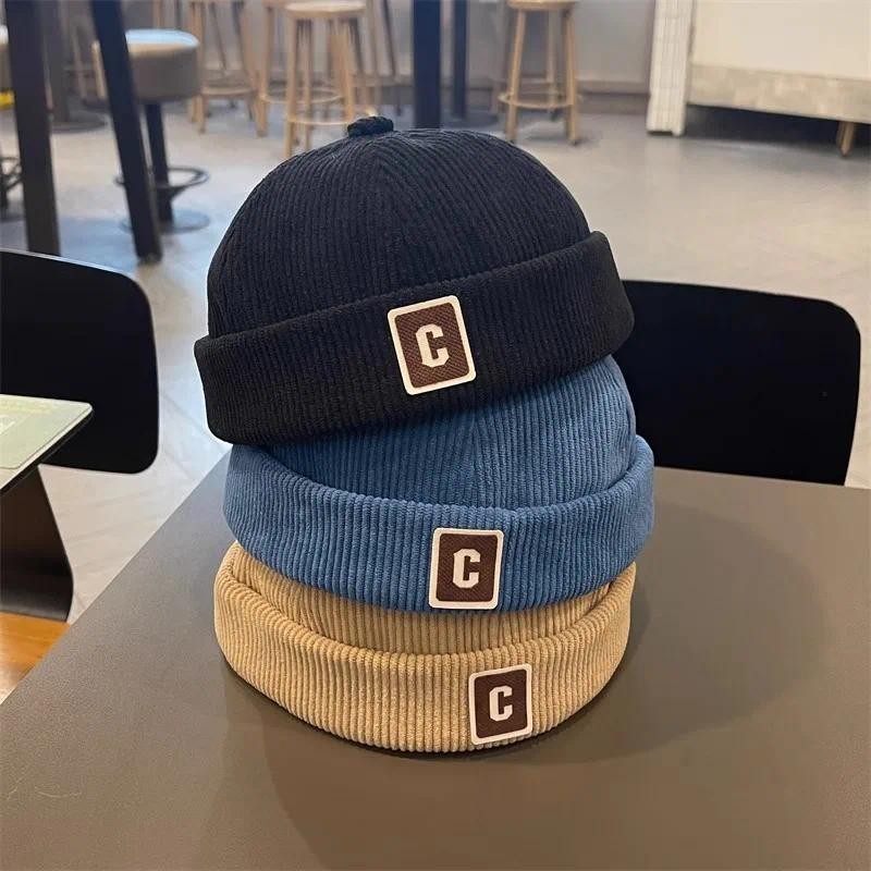 ฤดูหนาว Corduroy Brimless หมวกสําหรับทารก Retro Letter C Beanie หมวกปรับเด็กผู้หญิง Docker หมวก Hip Hop เด็ก Melon หมวก