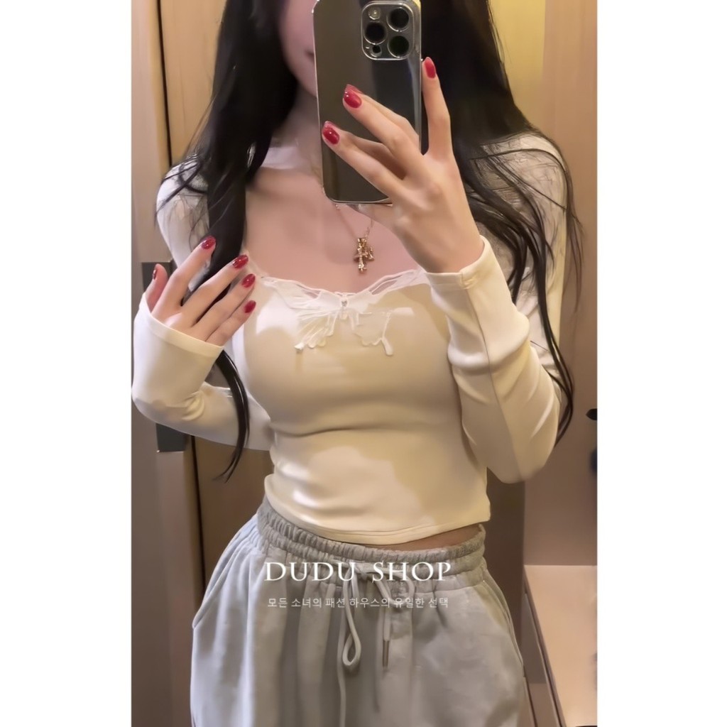 Pure Desire เสื้อลูกไม้สีแอปริคอทใส่ด้านในสุดเซ็กซี่สำหรับผู้หญิงฤดูใบไม้ร่วงและฤดูหนาวเก็บเอวหวานแล