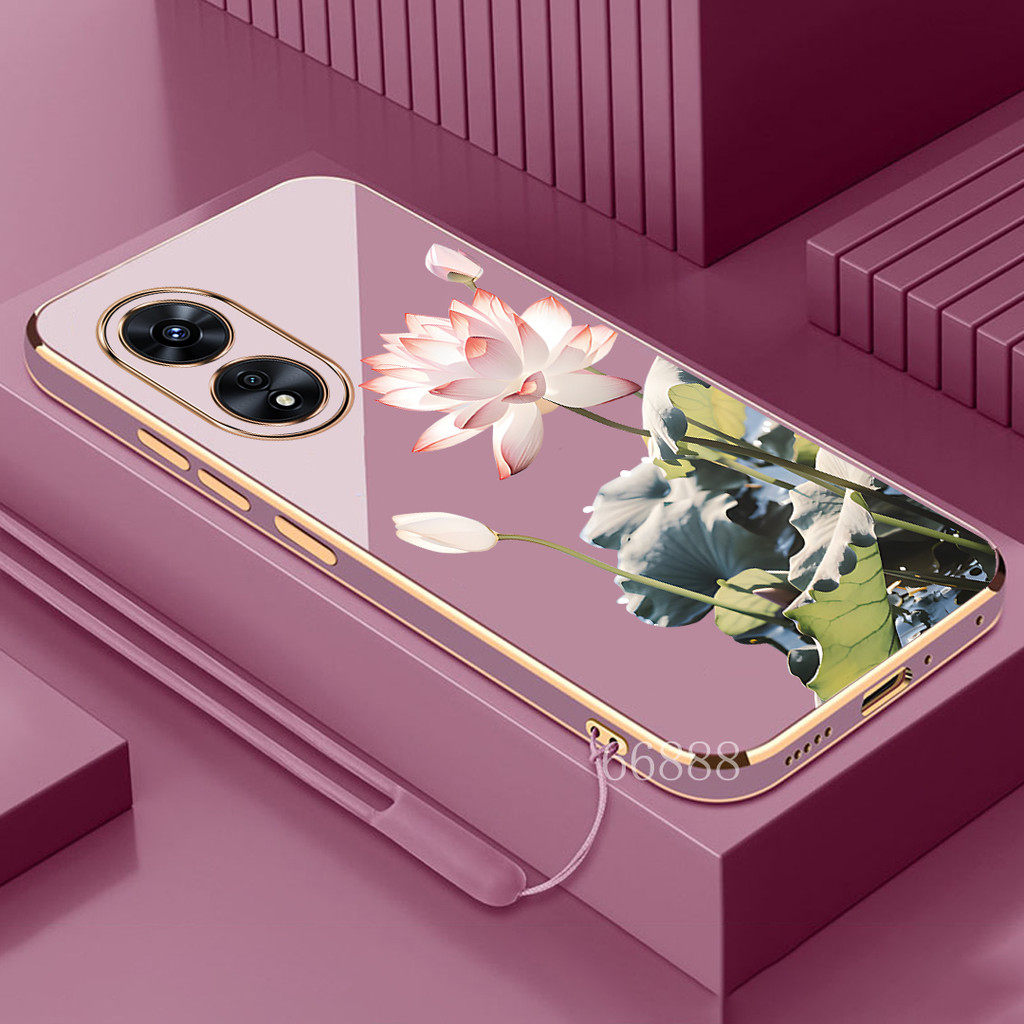 ฟรี Lanyard case สําหรับ OPPO A97 A38 4G 5G A17 A18 เคสโทรศัพท์ TPU รูปแบบดอกบัวล่าสุดกันกระแทก Soft