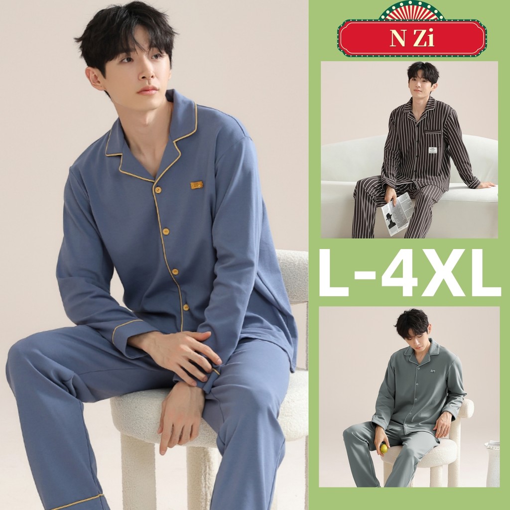 ชุดนอนผู้ชายผ้าฝ้าย 100% L-4XL Plus ขนาดชุดนอนผู้ชายฤดูใบไม้ร่วงลายแขนยาวชุดนอนชุดธรรมดาสบายหลวม Loungewear