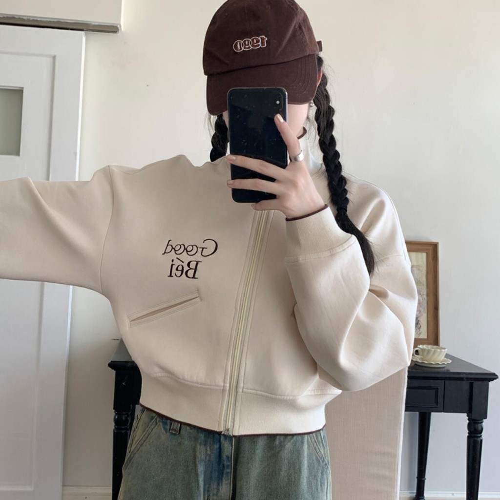 Solovely สไตล์เกาหลี เสื้อกันหนาว งานปัก แขนยาว ซิป เสื้อกันหนาว