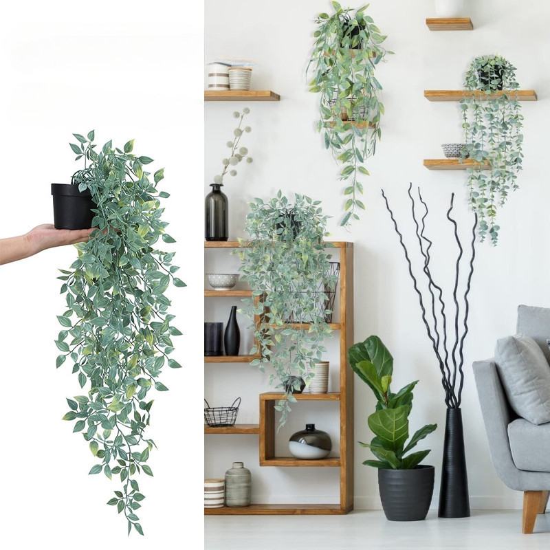 COD🍃พุ่มยูคาลิปตัสประดิษฐ์ เถาวัลย์หญ้าเทียม พร้อมกระถางต้นไม้ ใบไม้ปลอม ช่อยูคาลิปตัสติดผนัง ตกแต่งผนัง