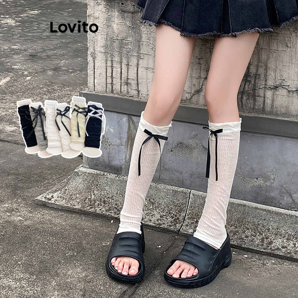 Lovito ถุงเท้าผู้หญิง สีพื้น แต่งโบว์ สไตล์ลำลอง LNA68264