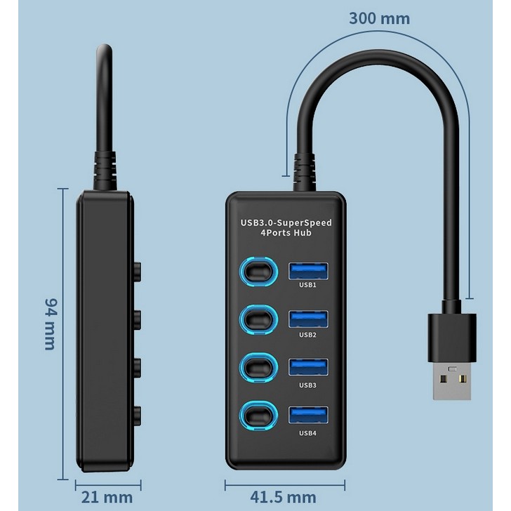 Fonken USB3.0/USB2.0 HUB สําหรับ Windows11/10/8 Mac OS Linux 2.6.14 4 พอร์ต USB Splitter Power Adapter พร้อมสวิทช์และไฟ