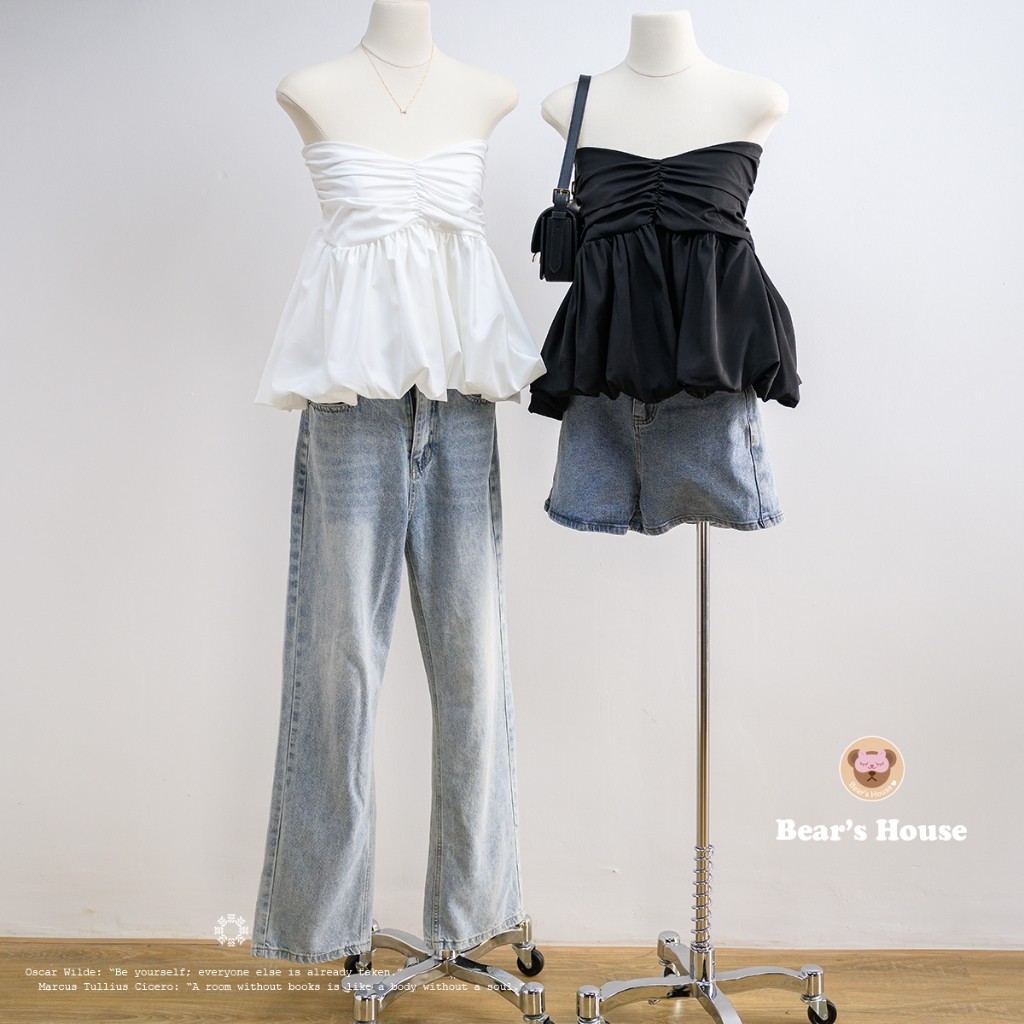 Alicia Balloon Crop เสื้อเกาะอก บอลลูน ผ้าครัช ดีเทลเเต่งจีบอก ด้านหลังสม็อค - รูปที่ 5