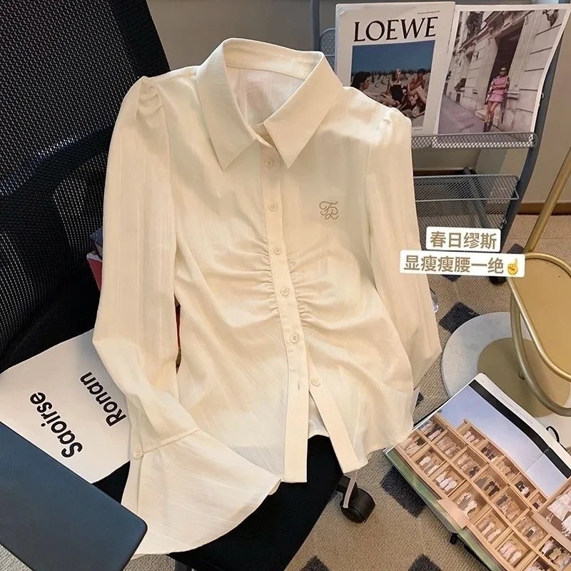 Pleated Slim Fit Apricot Bandage Dress New Polo Collar Women's Shirt Holiday Multi-Color Bell Sleeve Waist-Tight French Shirt Temperament