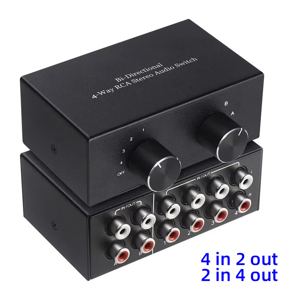 4 Way Bi-Directional RCA สเตอริโอตัวเลือกสวิทช์ 4X2/2X4 L/R เสียง Channel Audio Switcher Splitter พร้อมปุ่ม OFF 4 ใน 2 ออก 2 ใน 4 ออก