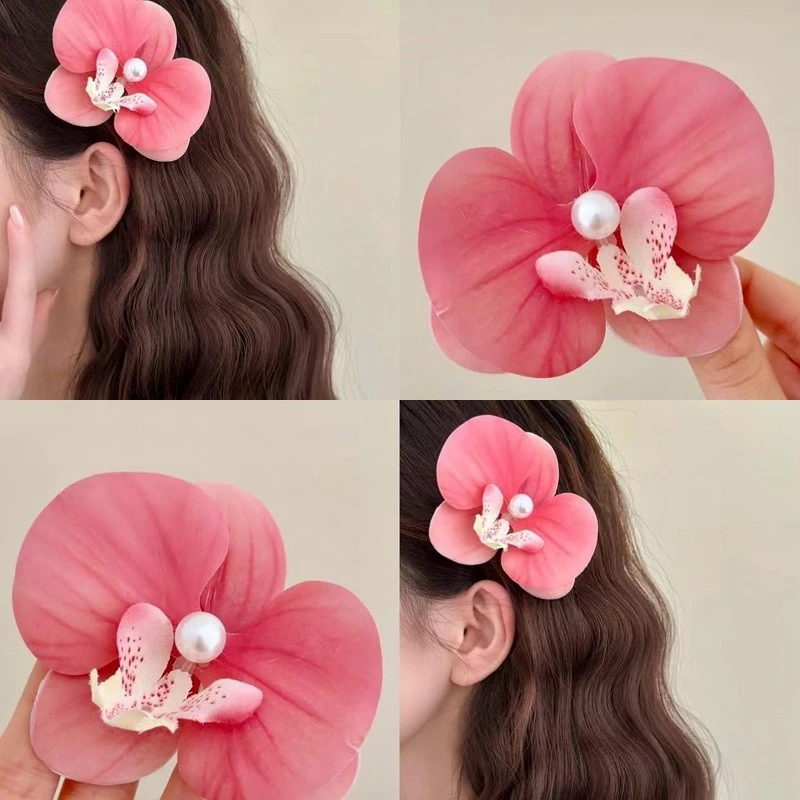 กิ๊บติดผมปลอม รูปดอกกล้วยไม้ สีชมพู สําหรับผู้หญิง