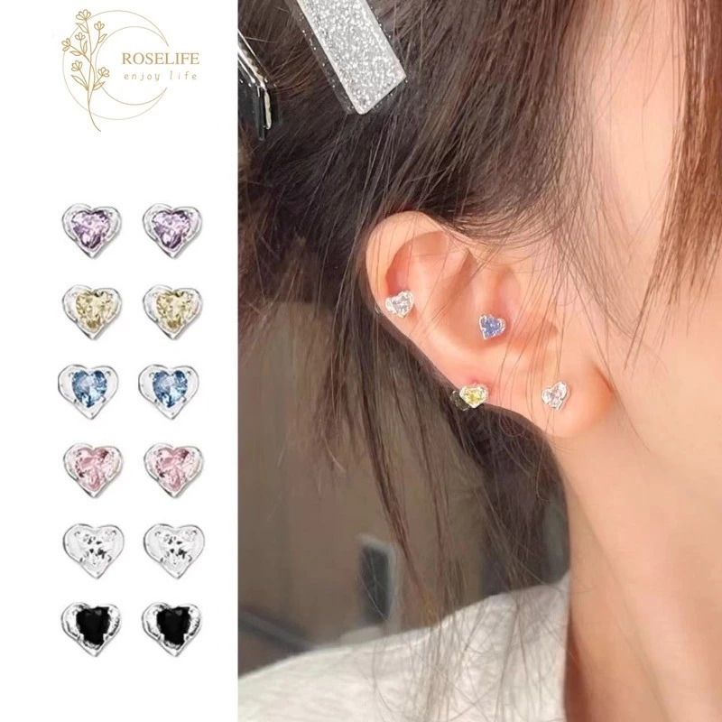 โรสไลฟ์ ส925เงินที่ละเอียดอ่อนหวานมินิคริสตัลที่มีสีสันหัวใจเจาะต่างหูสตั๊ดสําหรับผู้หญิงสาวออกเดททุกวันสวมใส่เลือกฟรีหูเครื่องประดับแฟชั่นอุปกร
