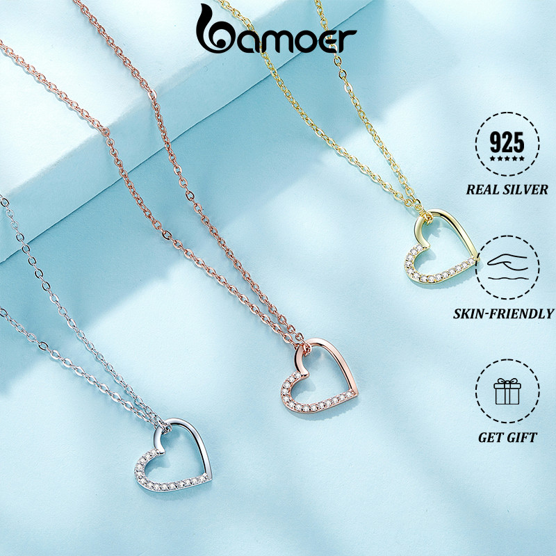 BAMOER สร้อยคอบามอสแท้925สร้อยคอเงินที่มีจี้หัวใจซิลเวอร์กี้โกลเด้นโรสโกลเด้นสร้อยคอผู้หญิงของขวัญวันเกิดและครบรอบ