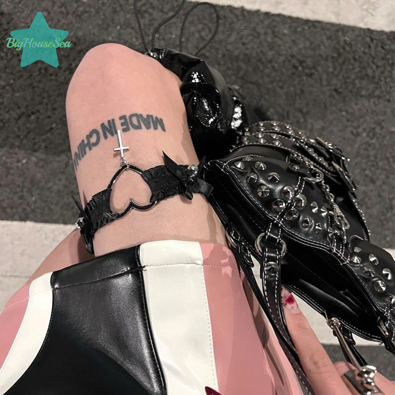 [BigHouseSea] Gothic Lace Garter เข็มขัดหัวใจ Bowknot Cross Lolita ขา Garters สีดําสีขาวยืดหยุ่น Choker ผู้หญิงขาแหวนสายคล้องเครื่องมือคอสเพลย์ใหม่