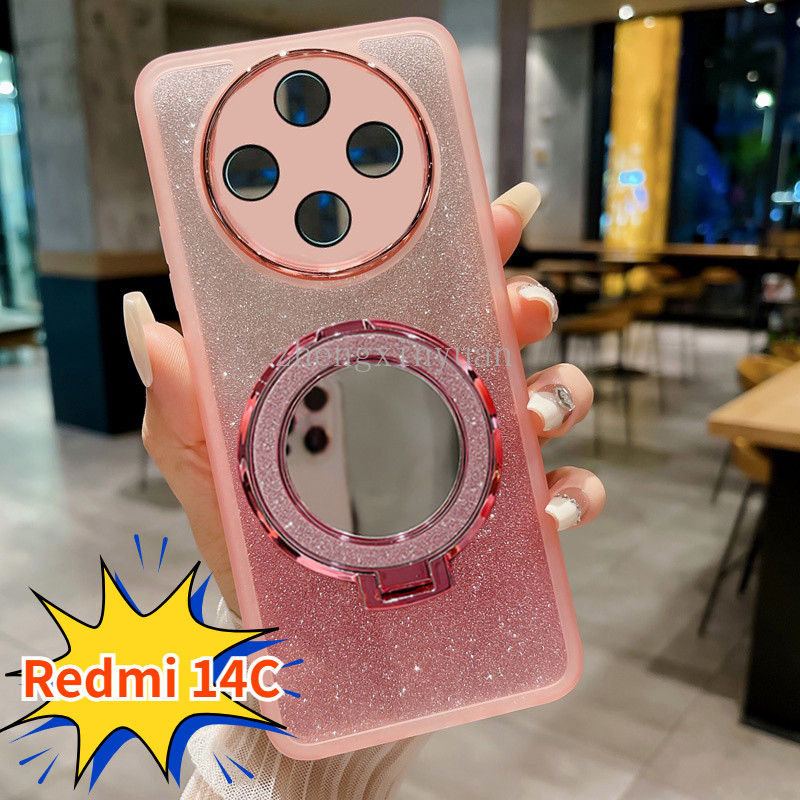 ปลอกสําหรับ XIAOMI POCO C75 Redmi 14C 4G 5G 2024 โปร่งใสพร้อมกระจกผู้ถือแหวนสําหรับ POCOC75 C 75 Red