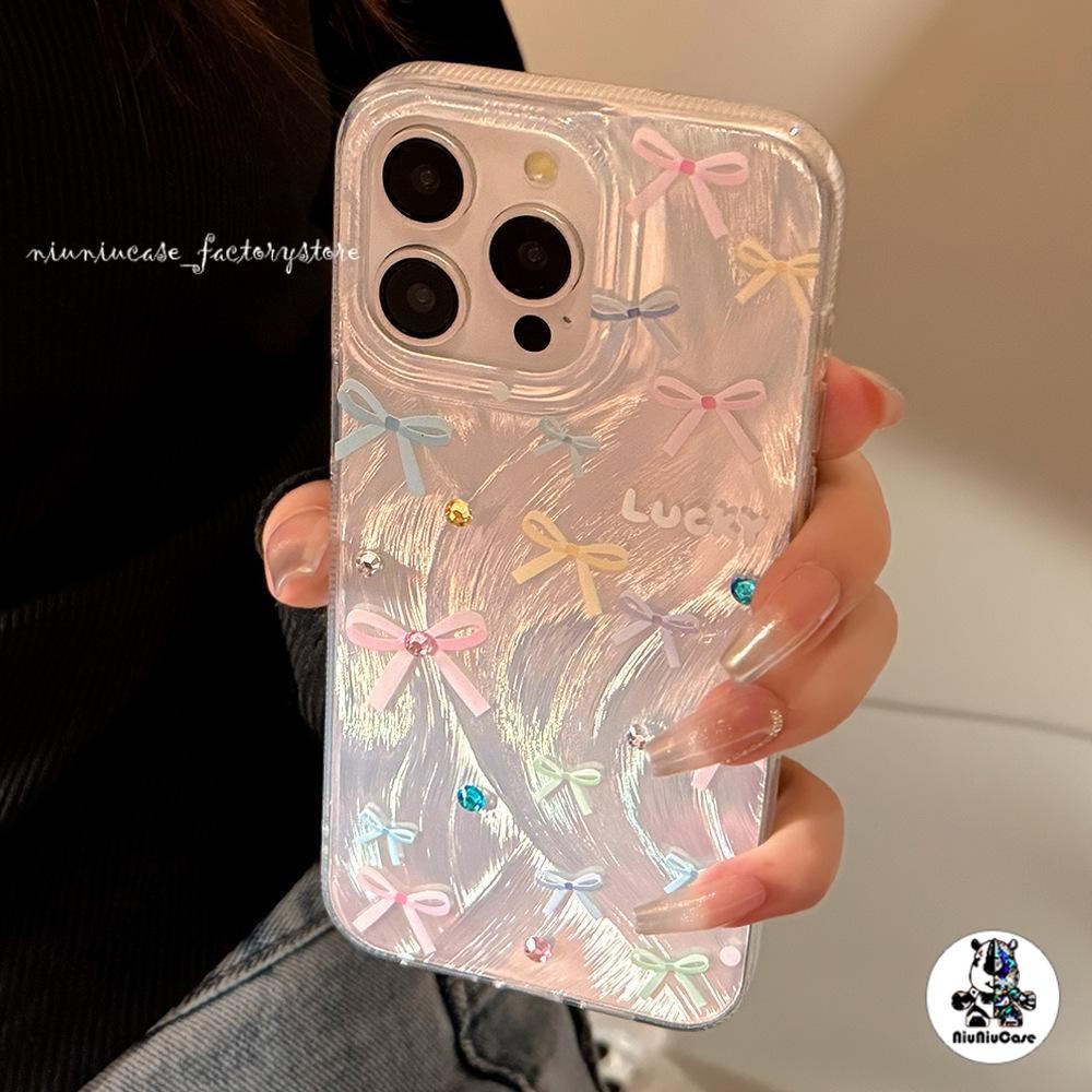 เคสไอโฟน11 เคส Feather Laser Bow TPU Case For iPhone 11 12 13 14 15 Pro X XR XS MAX 7 8 Plus SE เคสโทรศัพท์ เคสไอโฟนสวยๆ