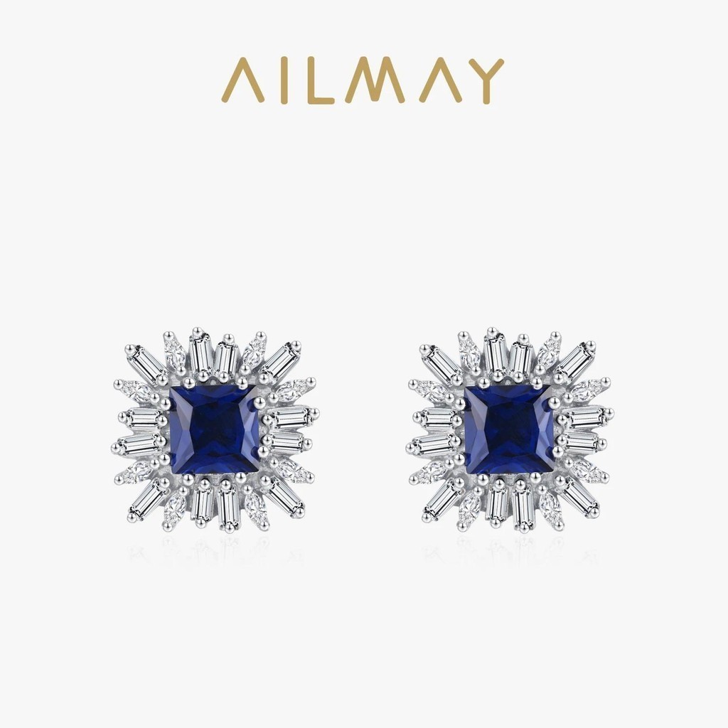 Ailmay Elegant 925 เงินสเตอร์ลิง Retro Blue Square Zircon ต่างหูวันหยุดที่สมบูรณ์แบบหรือของขวัญครบรอบสําหรับผู้หญิง