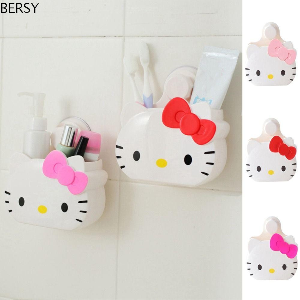 Bersy กล่องเก็บของติดผนัง,กล่องเก็บเครื่องสําอางการ์ตูนพลาสติก, Kawaii แขวน Kt Cat Punch-Free ผู้ถือแปรงสีฟันห้องครัว