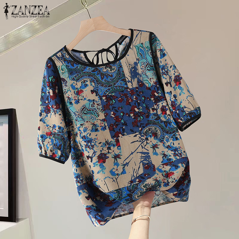 Zanzea เสื้อเบลาส์พิมพ์ลายครึ่งแขนคอกลมลําลองเกาหลีสําหรับผู้หญิง