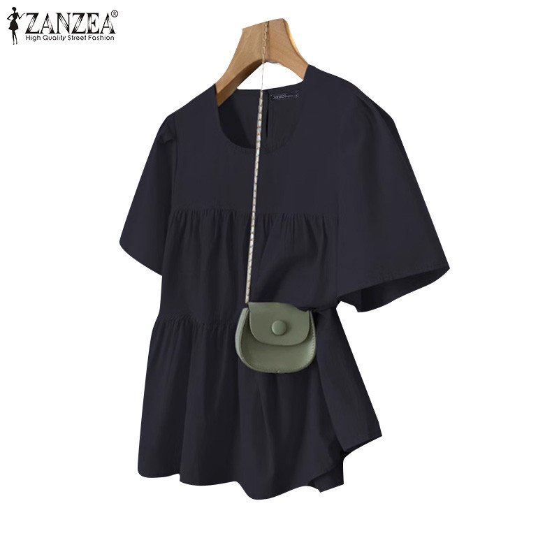 ZANZEA ซานเซีย ผู้หญิงแฟชั่นเกาหลีคอกลมแขนสั้นจีบเย็บเสื้อ