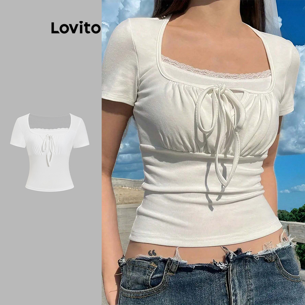 Lovito เสื้อยืดทรงจีบสำหรับผู้หญิง L101AD200
