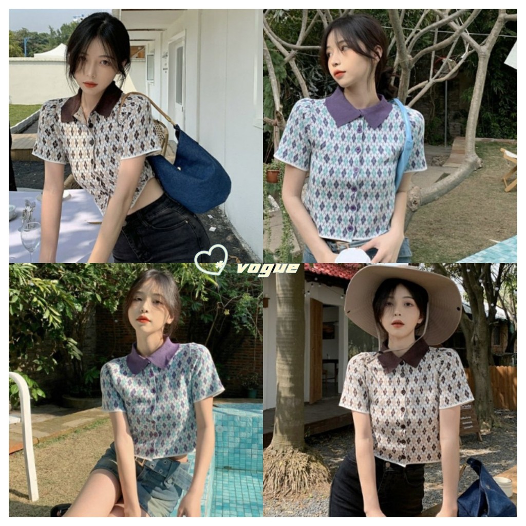 Vogue พร้อมส่ง เสื้อไหมพรมแขนสั้น คอปกกระดุมด้านหน้า2สีน่ารักเกาหลีมาก (11096) -C