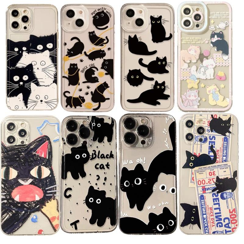 น่ารักแมวดําเคสโทรศัพท์สําหรับiphone 16 15 Pro Max 12 13 Mini 11 12 Pro 16 Plusโทรศัพท์มือถือกรณีซิลิโคนใสกันกระแทกโปร่งใสTPUรูปแบบกล้องป้องกัน
