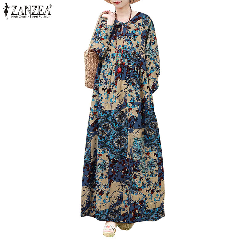 ZANZEA ซานเซีย ผู้หญิงเกาหลีรอบคอพิมพ์กระเป๋าด้านข้างชุดเอวสูง