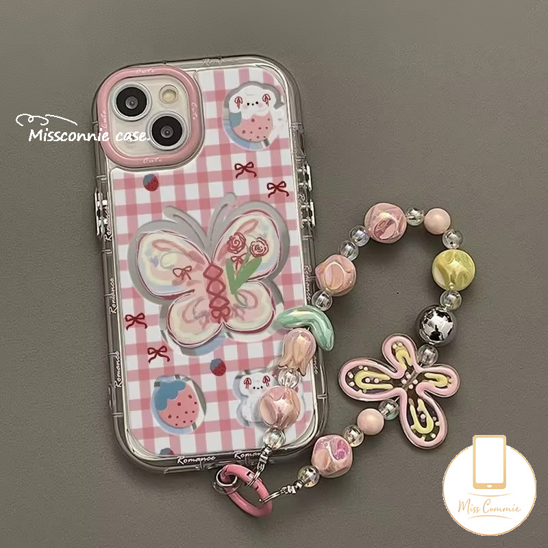 สร้อยข้อมือผีเสื้อหรูหรา Make Up Case สําหรับ Oppo A38 A15 A7 A60 A18 A35 A77 A77s A57 A17 A5s A79 A53 A15s A16s A17K A54 A12 A3s A53 A53 A53 A53 A53 A53 A53 A53 A53 A53 A58 A16s กระต่ายน่ารักลายสก๊อตBowknotกรณีสตรอเบอร์รี่
