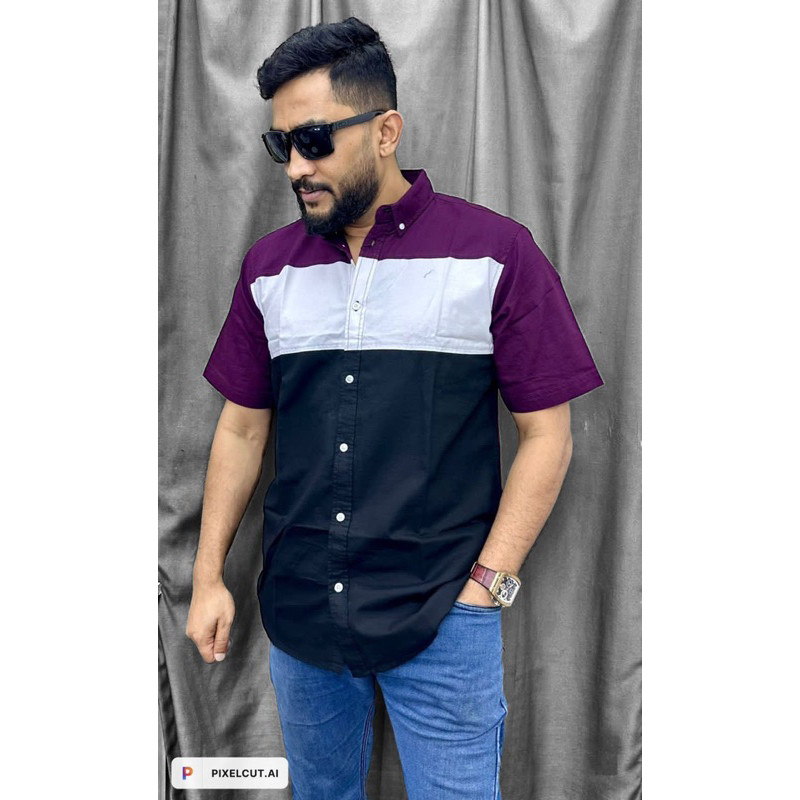 เสื้อเชิ้ตผ้าฝ้ายอ๊อกฟอร์ดลําลองแฟชั่นแขนสั้นผู้ชาย
