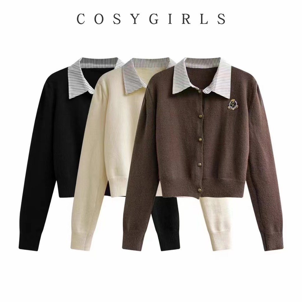 ใหม่กลับไปโรงเรียนวันปลอมสองชิ้นเสื้อคาร์ดิแกนคอโปโลผู้หญิงเสื้อถักแบบสั้นสไตล์วิทยาลัยฤดูใบไม้ผลิ