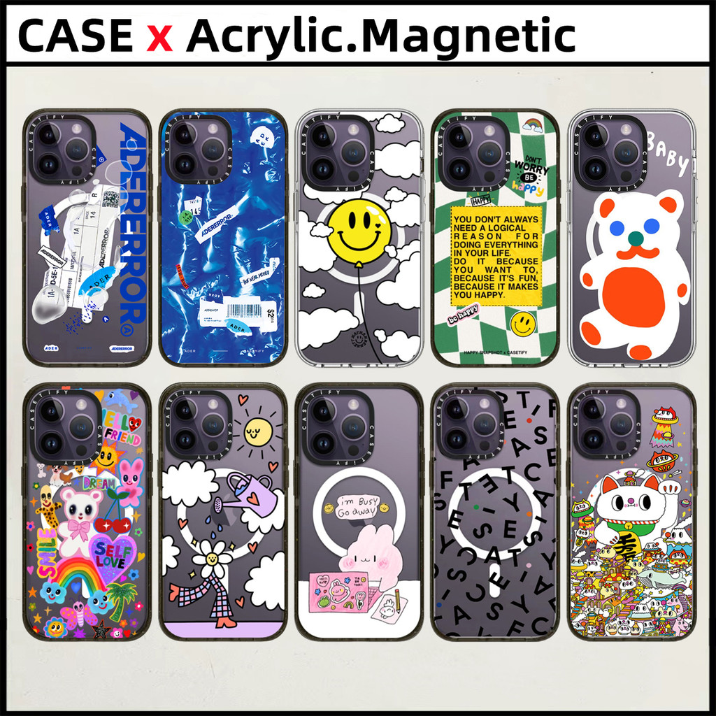 Casetifyadererrorอะคริลิคแม่เหล็กสําหรับiphone 15 16 Pro Max 14 15 16 Plusกรณีบอลลูนมีความสุขโชคดีแมวแฟชั่นแกะสลักด้านข้างตัวอักษรฝาครอบป้องกัน