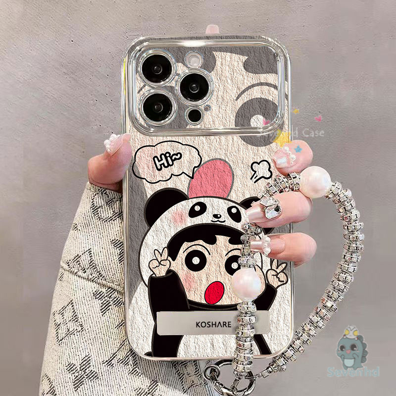 Panda Crayon Shin-Chanเคสโทรศัพท์พร้อมวงเล็บเชือกเส้นเล็กสําหรับiPhone 11 16 15 14 13 12 Pro Xs Max 7 8 6 Plusหรูหราชุบโลหะคมชัดหน้าต่างกันกระแทกฝาครอบป้องกัน
