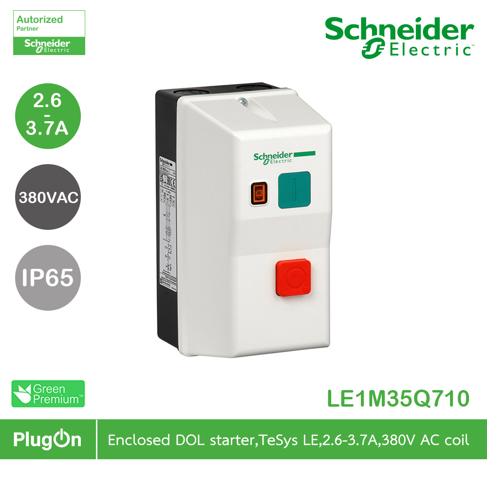 Schneider Electric Enclosed DOL starter,TeSys LE,2.6-3.7A,380VAC coil | LE1M35Q710 | PlugOn