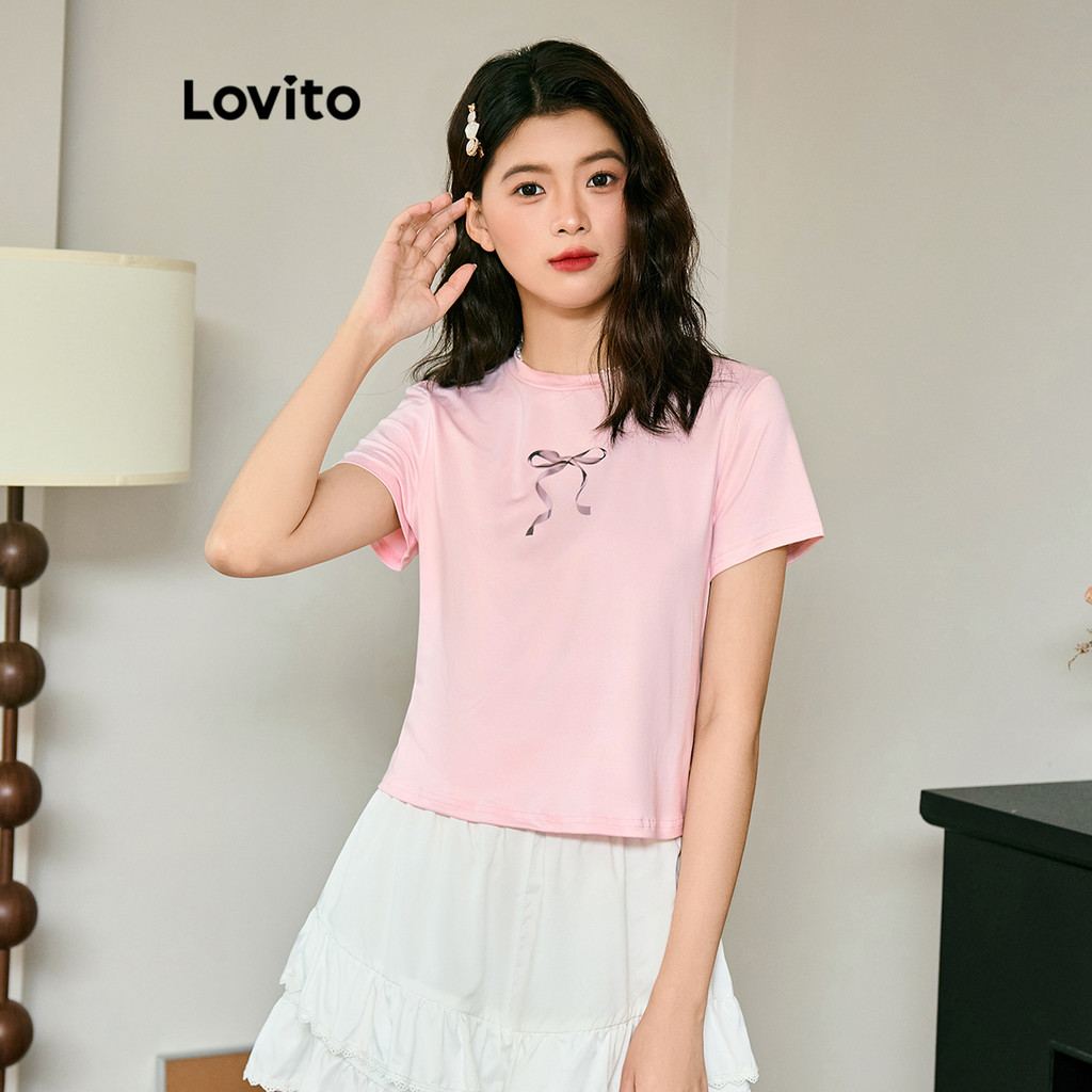 Lovito เสื้อยืดผู้หญิง สีพื้น พิมพ์ลายโบว์ สไตล์น่ารัก L98AD023