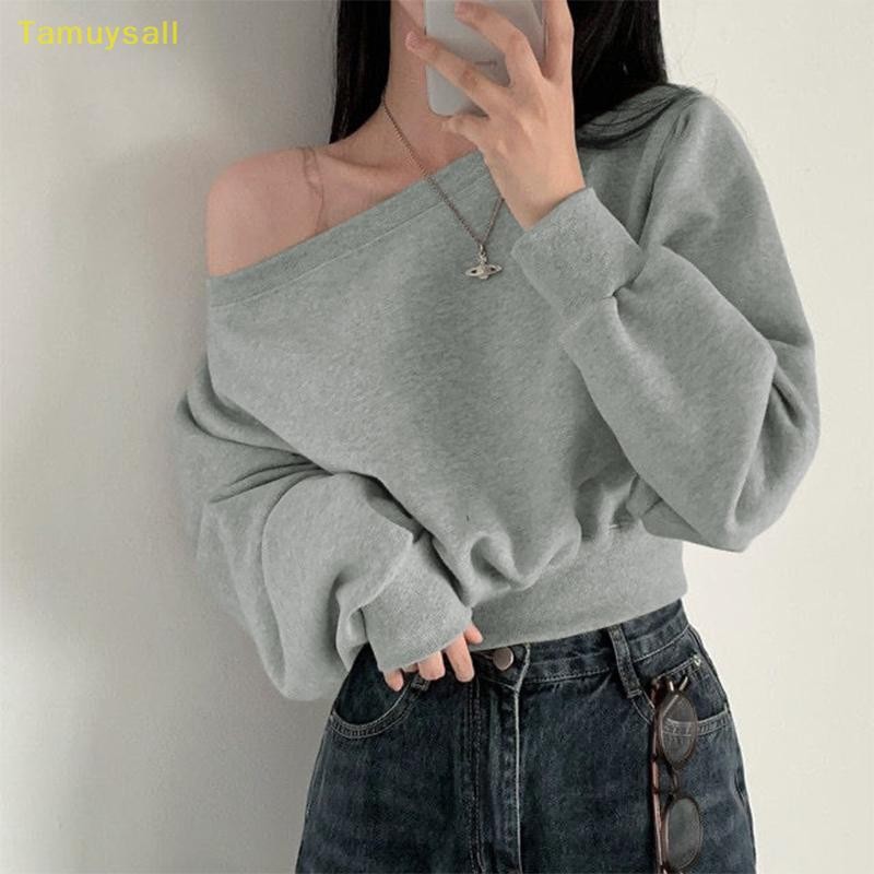 [TAMU] เสื้อสเวตเตอร์ครอปลําลองแขนยาวปิดไหล่สตรีทแวร์เกาหลีสําหรับผู้หญิง YSA