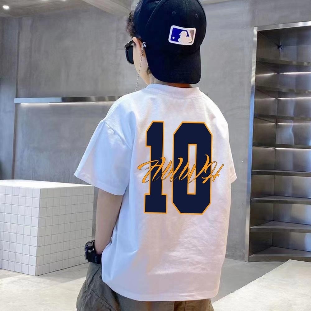 เด็กใหม่ผ้าฝ้ายเสื้อยืดแขนสั้นชาย / หญิงรอบคอพิมพ์ 90CM-150CM 3 ขวบ-12 ขวบ สูง 90-150 ซม