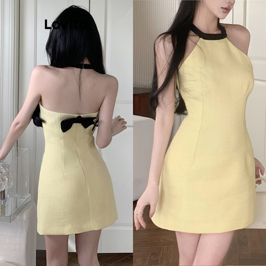 Lovito ชุดเดรสผู้หญิง โบว์ด้านหลัง คัลเลอร์บล็อก สีพื้น หรูหรา LNE52156
