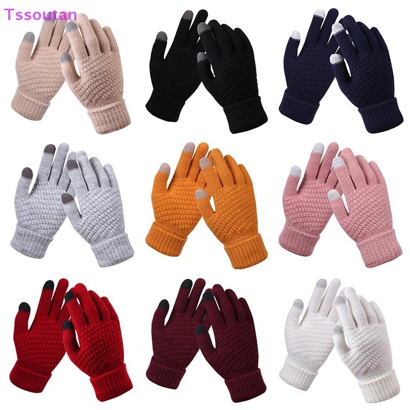 [TSST] ฤดูหนาวหน้าจอสัมผัสถุงมือผู้หญิงผู้ชาย Warm ยืดถัก Mittens เลียนแบบขนสัตว์ Full Finger Guantes โครเชต์ Luvas Thicken ถุงมือ TAN