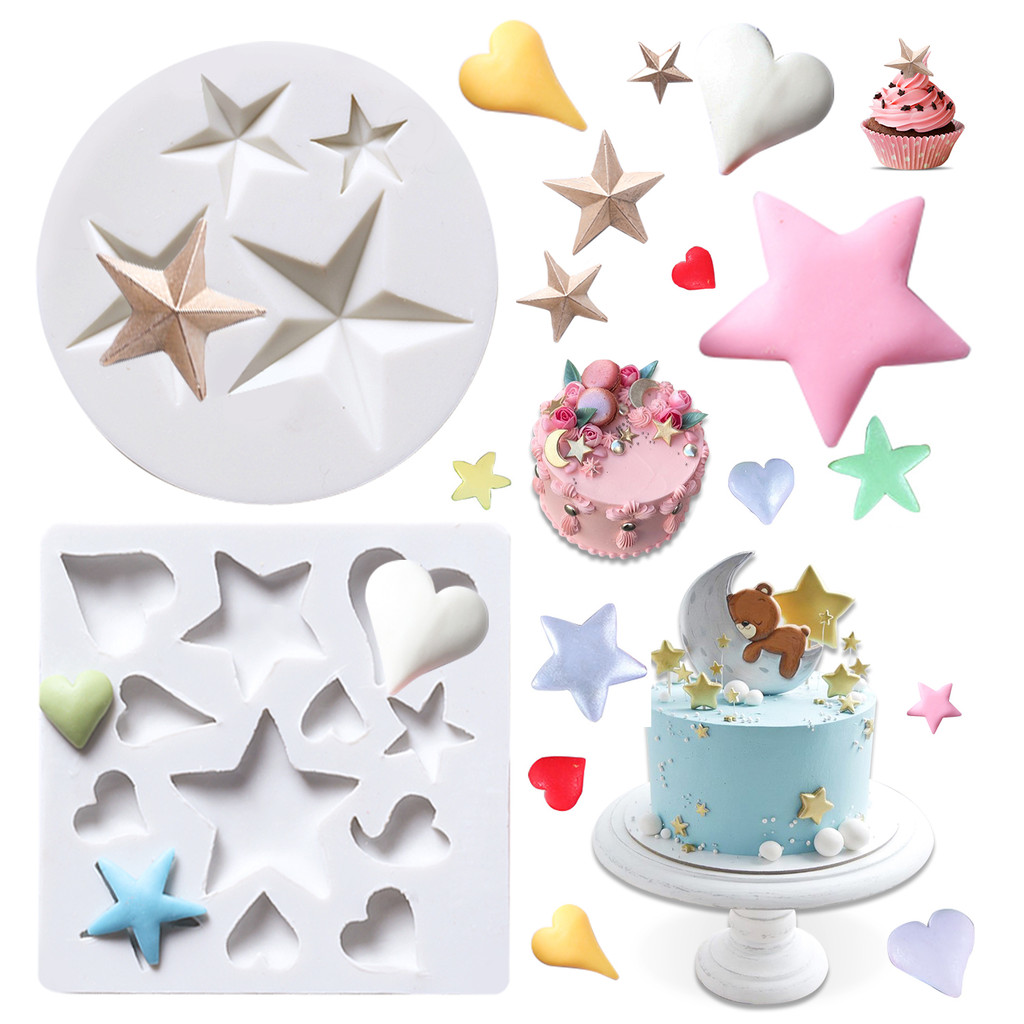 Kailaen 2PCS Star,Heart Shape ซิลิโคน Fondant ชุดแม่พิมพ์ DIY Sugarcraft,Clay Mold Baking ขนมแม่พิมพ์ Cupcake Topper,เค้ก Decor Easy Release ซิลิโคน Mould